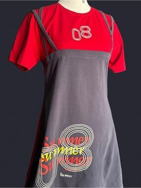 Red2008  Tee Layered with Gray Graphic Slip Dress